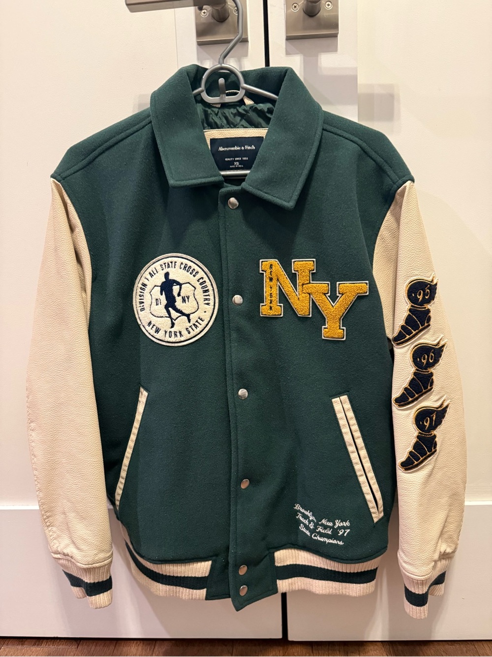 Abercrombie & Fitch Dark Green and Cream Varsity Jacket with NY Patch